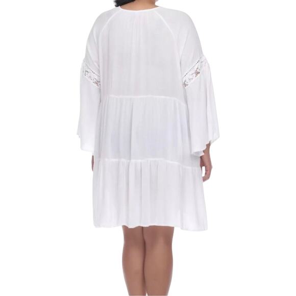 Raviya White Crochet Lace Tiered Bell Sleeve Boho Cover-Up Dress L NWT - Picture 2 of 7
